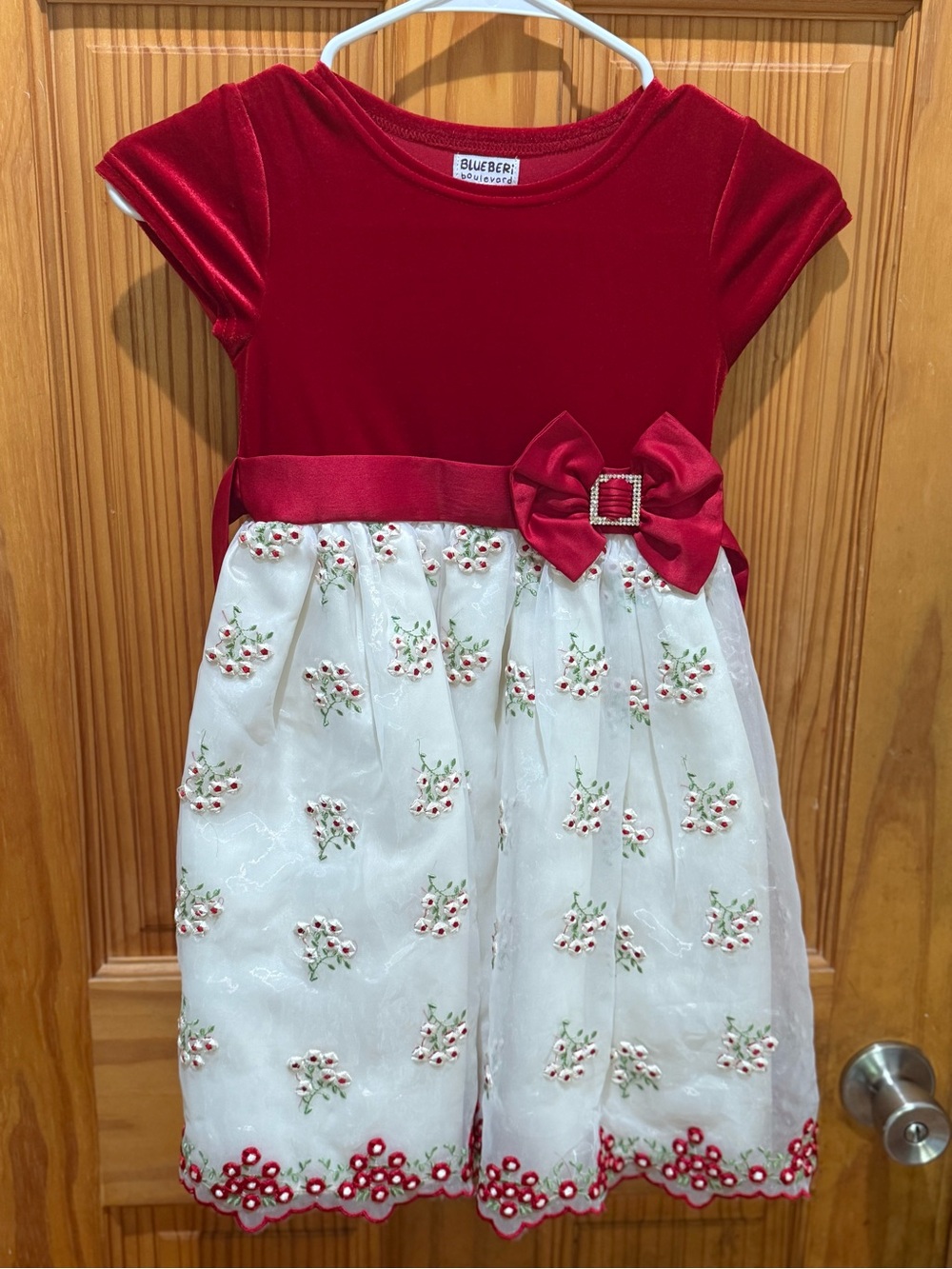 Blueberi Boulevard Red Velvet Top with White Embroidered Floral Skirt